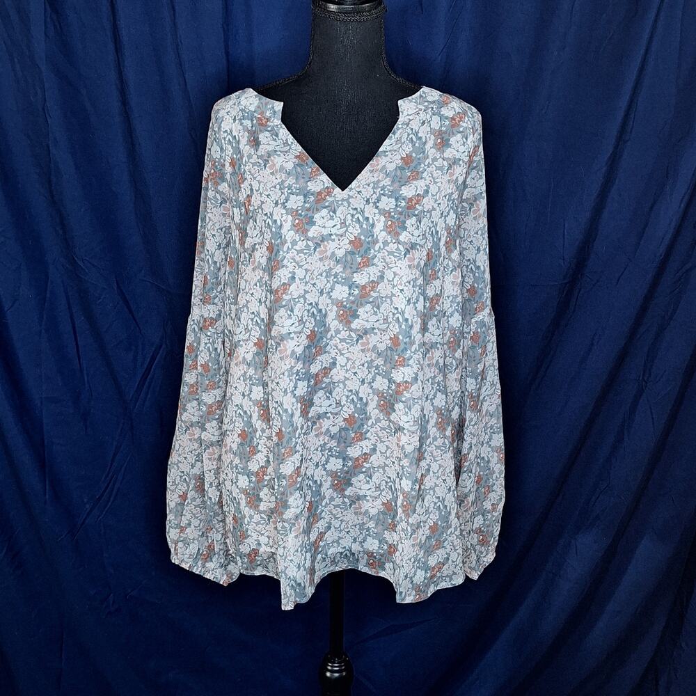 In'Voland Floral Blouse Womens 20W Blue Puff Sleeve V Neck Sheer Lined Boho Top
